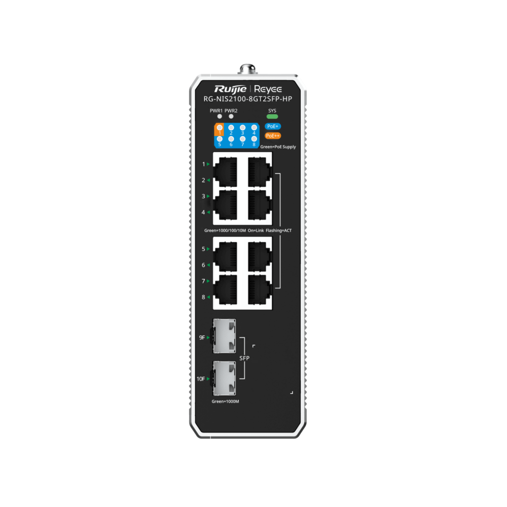 RG-NIS2100-8GT2SFP-HP, 10-Port Cloud Managed RUIJIE Industrial Switch, with 1 x PoE++ Port, 7 x PoE+ Ports, and 2 x SFP Uplink Ports