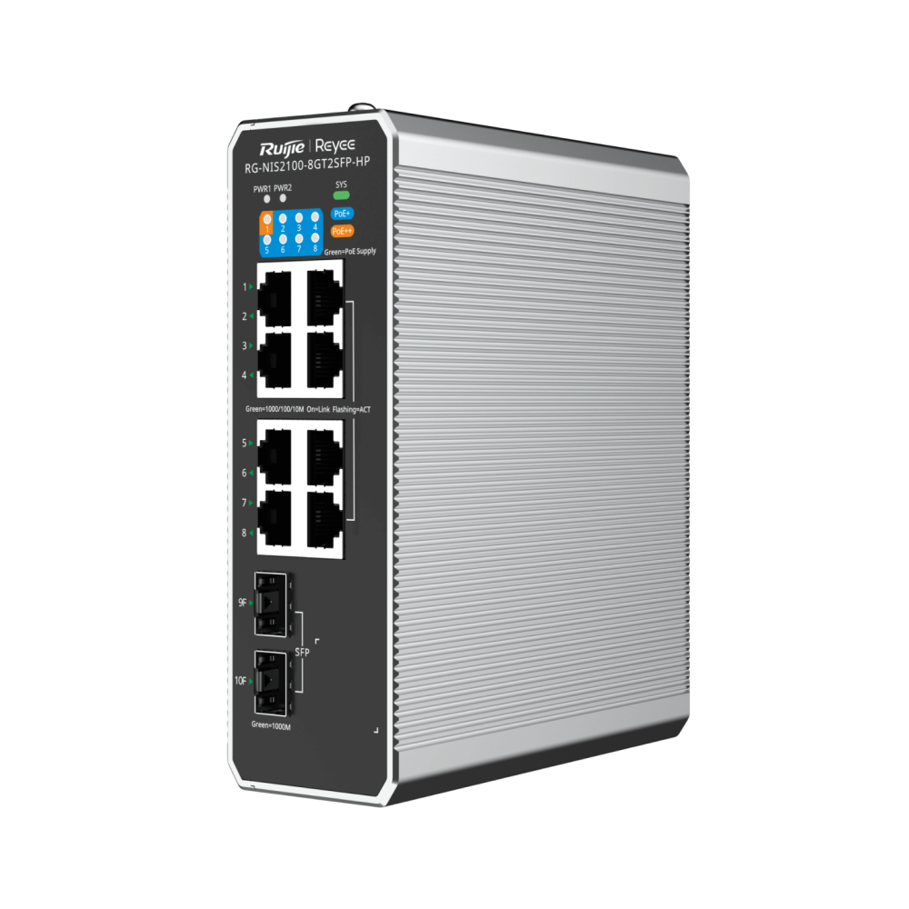 RG-NIS2100-8GT2SFP-HP, 10-Port Cloud Managed RUIJIE Industrial Switch, with 1 x PoE++ Port, 7 x PoE+ Ports, and 2 x SFP Uplink Ports