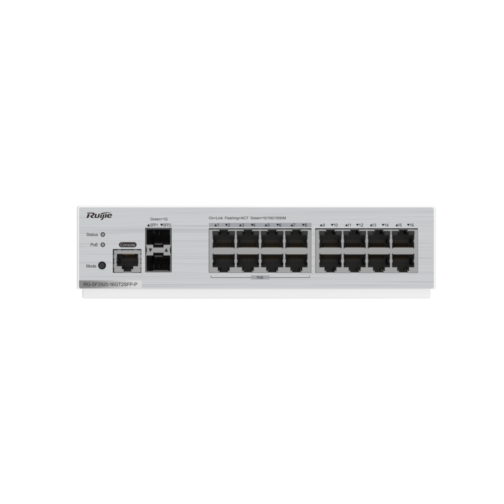 RG-SF2920-16GT2SFP-P 16-Port GE All-Optical PoE  RUIJIE Switch, 2 × Gigabit Uplink Optical Ports