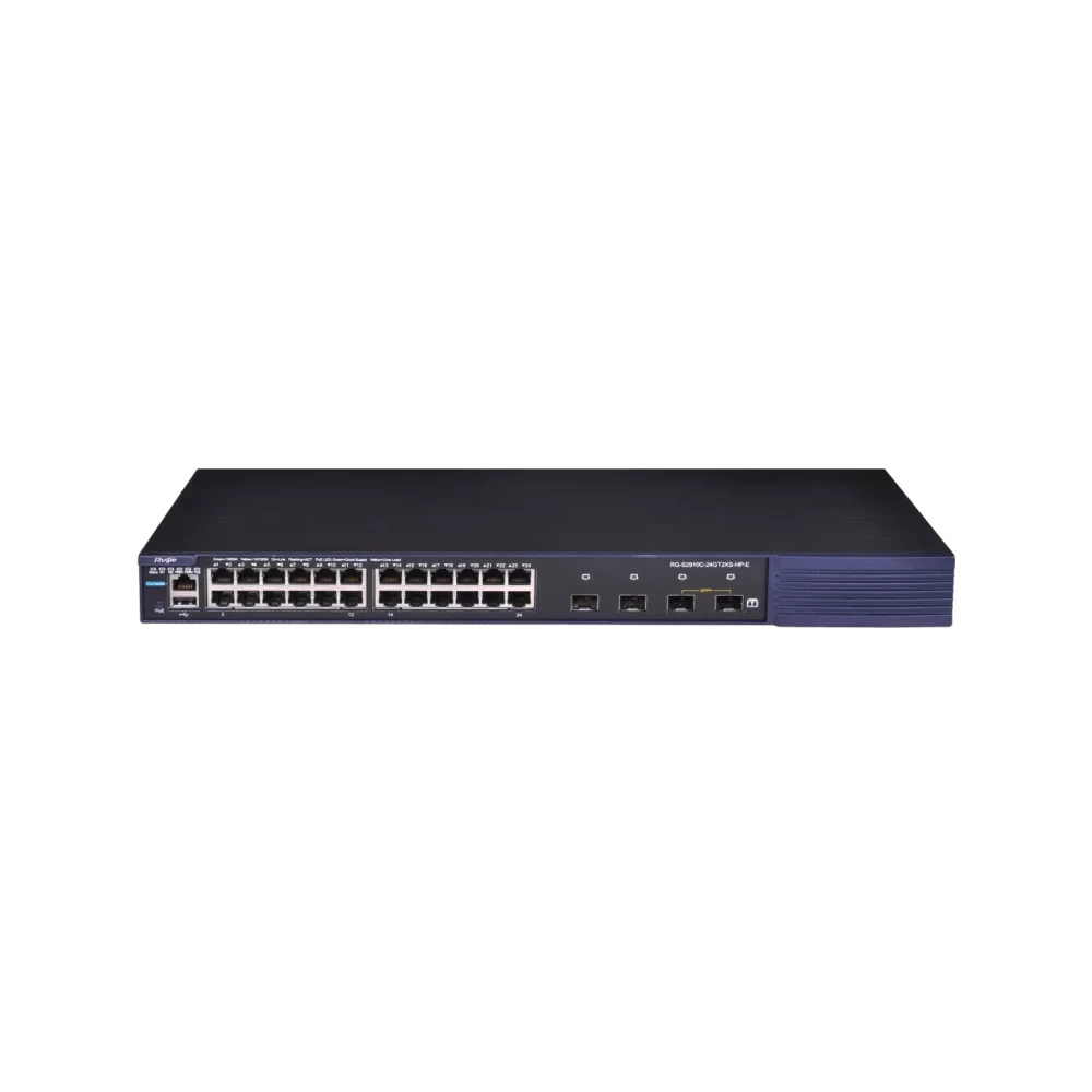 RG-S2910C-24GT2XS-HP-E, 24-port Gigabit access  RUIJIE PoE switch (plus 2 COMBO ports), 2 10 Gigabit upstream ports, 2 expansion slots