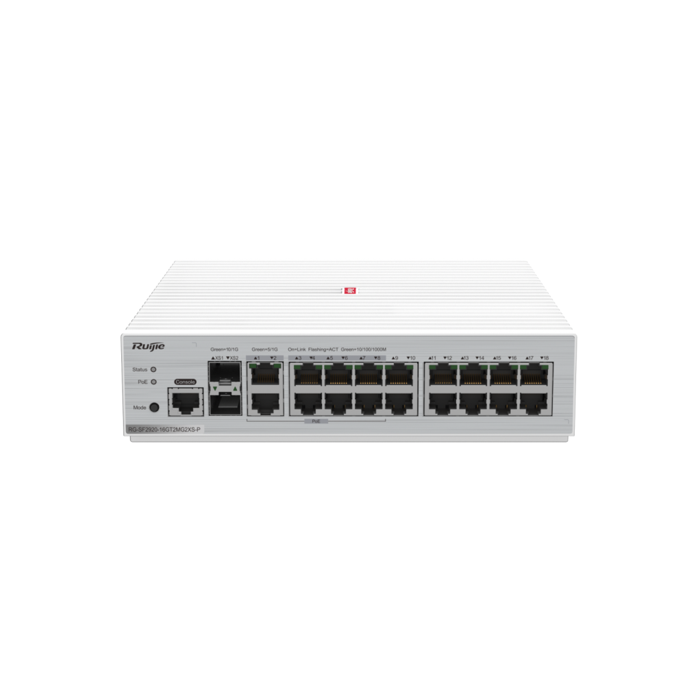 RG-SF2920-16GT2MG2XS-P 16-Port GE All-Optical RUIJIE PoE Switch, 2 × 5G Electrical Ports (Backward Compatible)